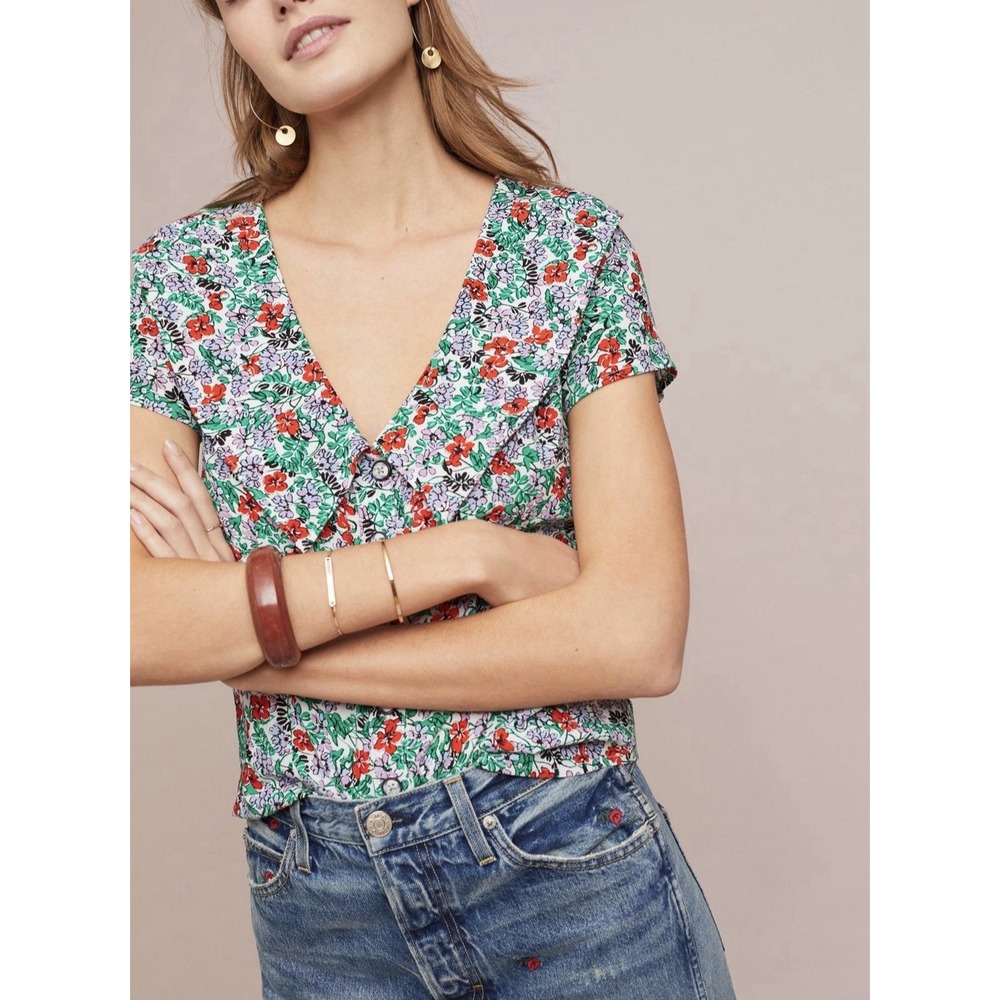 Maeve Austen Collared Blouse Sz 8 Anthropologie Green Floral Print SS Button Up